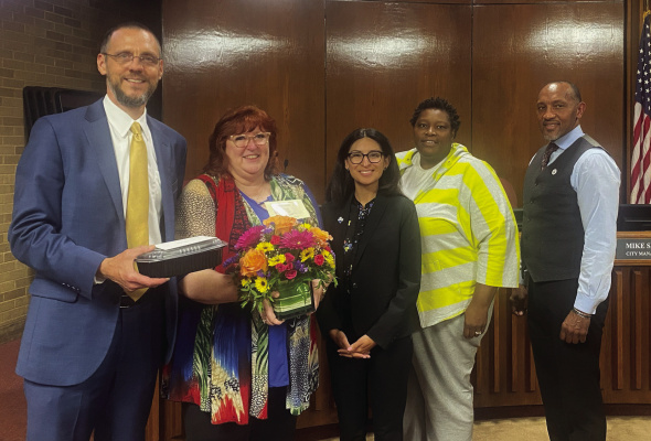 City Manager Mike Sims, Mayor Pro Tem Mayrani Velazquez, Deputy Mayor Pro Tem Stephanie Holmes-Thomas and councilman Grady Simpson recognized outgoing councilwoman Andreia Reese (second from left) during the most recent Terrell City Council Meeting. Courtesy photo